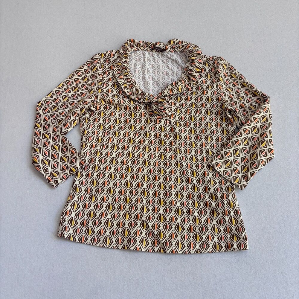 J. McLaughlin Durham Ruffle Neck Catalina Cloth Women's S 3/4 Sleeve Brown Cream